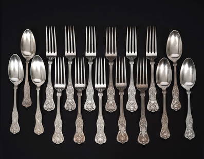 Cartier Sterling Flatware 11 Forks & 6 Tablespoons: Cartier sterling silver flatware includes 6 tablespoons that measure 7"L, weigh 286.7 grams and 11 dinner forks that measure 7.5"L and weigh 761.2 grams. Total weight 1047.9 grams. Condition report: g