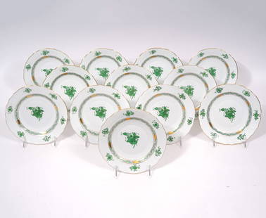 12 Herend Chinese Bouquet Green Salad Plates: 12 Herend Chinese Bouquet Green Salad Plates features a center motif of a stylized peony surrounded by a garland of leaves with 24K gold trim and accents. Marked on back 1518/AV and measures 7.5"W. Co