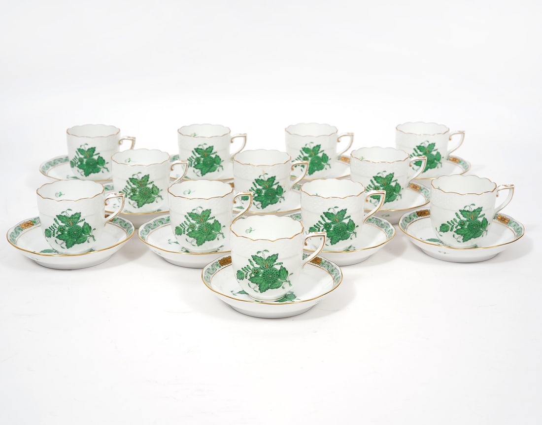 12 Herend Chinese Bouquet Demitasse Cups & Saucers: 12 Herend Chinese Bouquet Green Flat Demitasse Cups (2.25"H x 3"W with handle) and 12 Saucers (4.5"W) marked on undersides 709/AV. Condition report: good condition, please see all photos. Contact C. B