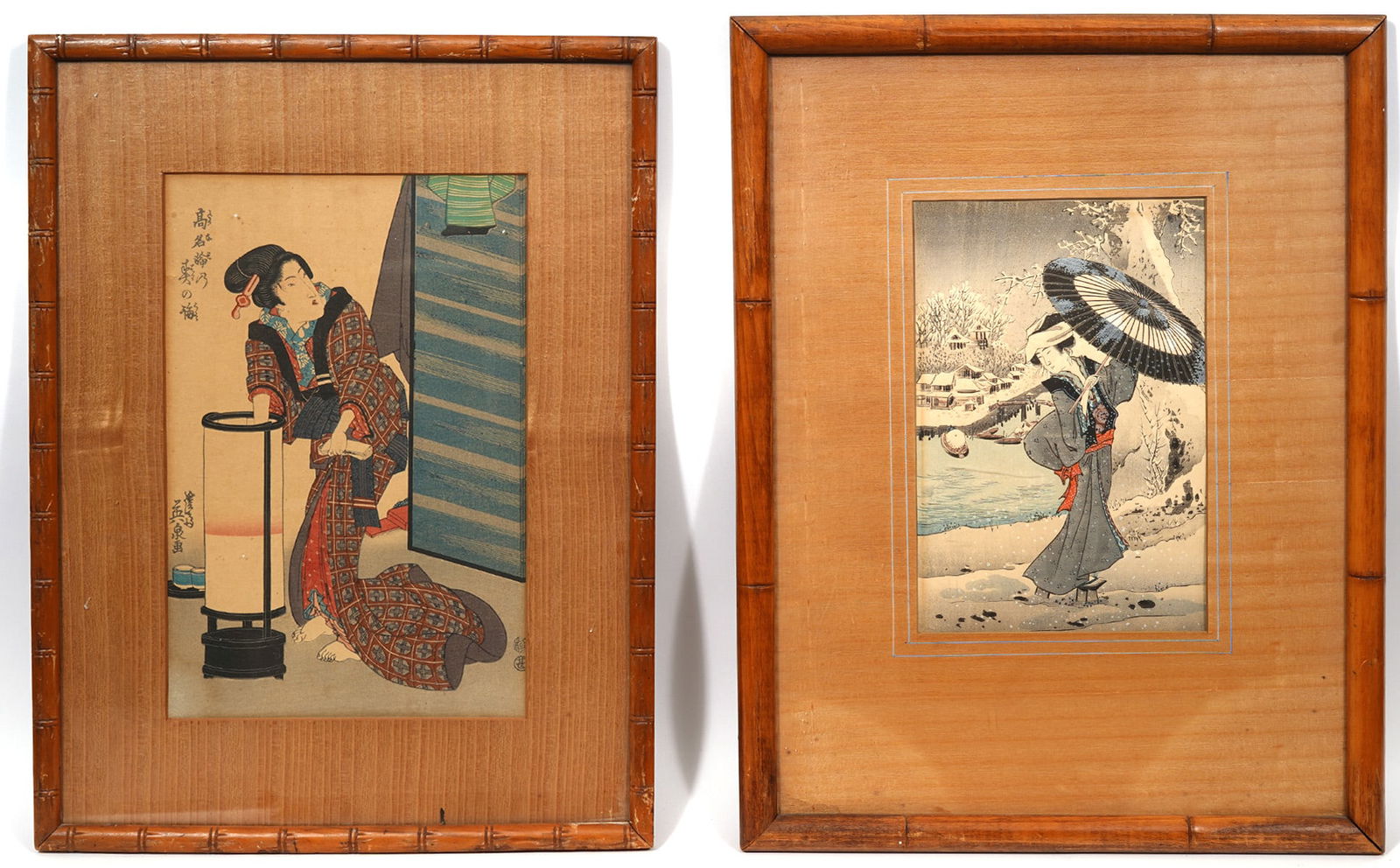 2 Japanese Woodblocks After Kuniyoshi & Eisen: 2 Japanese woodblocks includes one after Utagawa Kuniyoshi, "Beauty in The Snow", that measures visual image 11"H x 6.5"W; framed - 21"H x 16"W; and one after Keisai Eisen, "Courtesan Lighting Lamp",