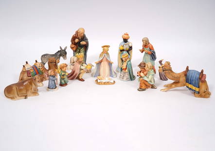 17 Pcs Goebel Hummel Nativity Scene Group: 17 pieces of a porcelain nativity scene by Goebel Hummel ranging in size from 1.5"H to 7"H. Condition report: Good condition, please see all photos. Contact C. Biddle Auction Gallery for more detailed