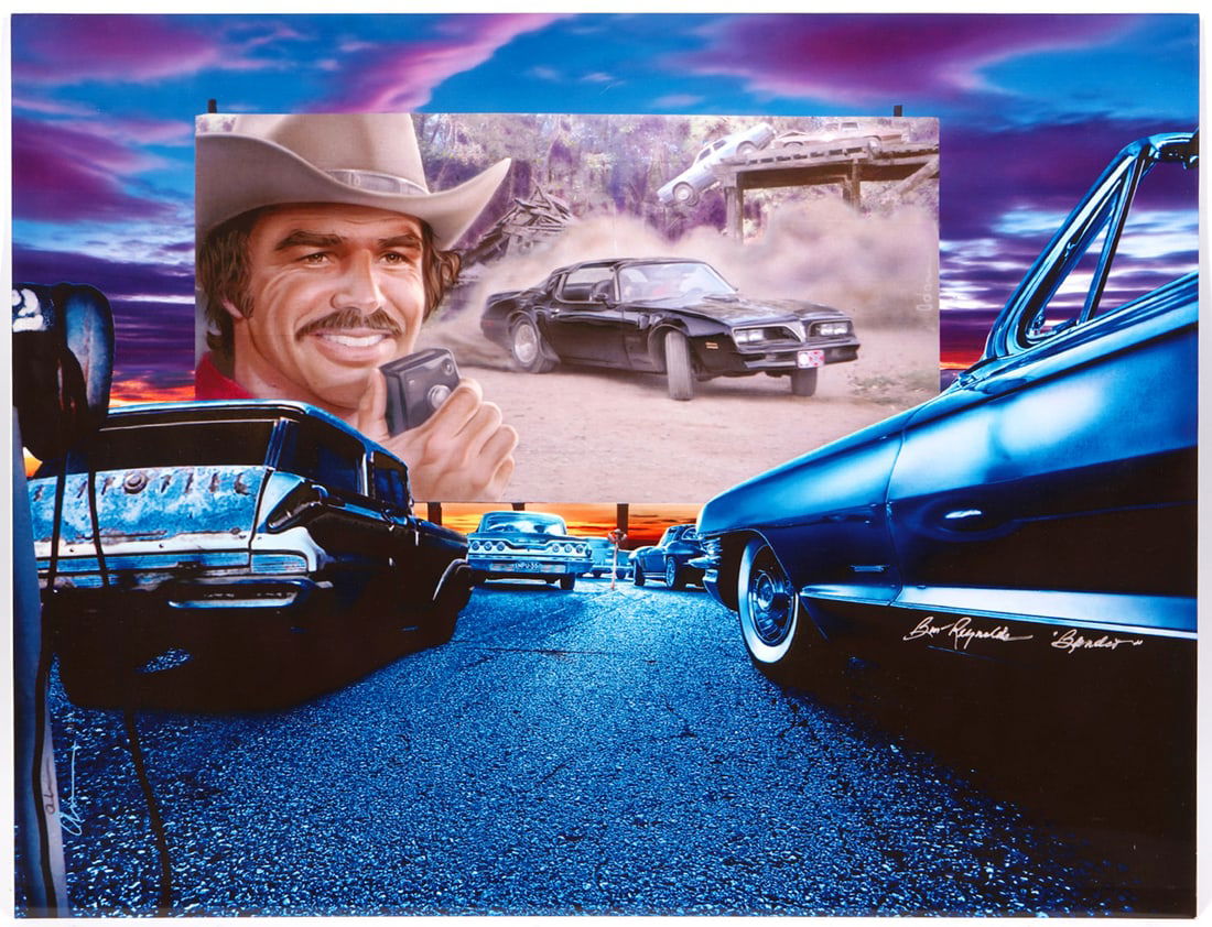 Adam Scott Rote 'Bandit' Print on Aluminum: Adam Scott Rote (American, 20/21st century). 'Bandit' is an unframed dye sublimation on aluminum that features Burt Reynolds top left, several cars and is titled on front and signed lower left. It is