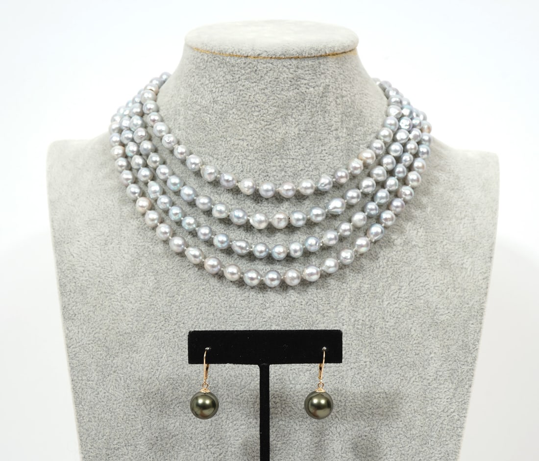 14K YG 4 Strand Silver Pearl Necklace w/ Earrings (1 of 6)