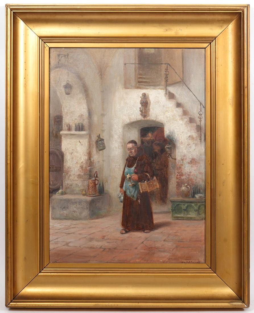 Frans Wilhelm Odelmark Genre Painting: Frans Wilhelm Odelmark, Sweden (1849-1937). Odelmark is noted for genre paintings and paintings of people in everyday life, mainly subjects from Europe. This oil on canvas painting is mounted in a gil