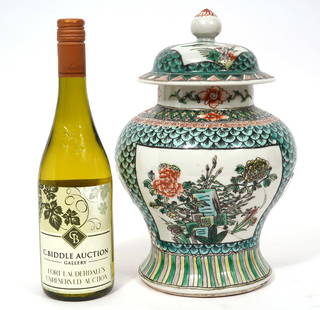 Chinese Famille Verte Porcelain Ginger Jar: Chinese Famille Verte porcelain ginger jar features vignettes of floral arrangements and objects. Measures 12"H x 8"W. Condition report: Good condition, please see all photos. Contact C. Biddle Auctio
