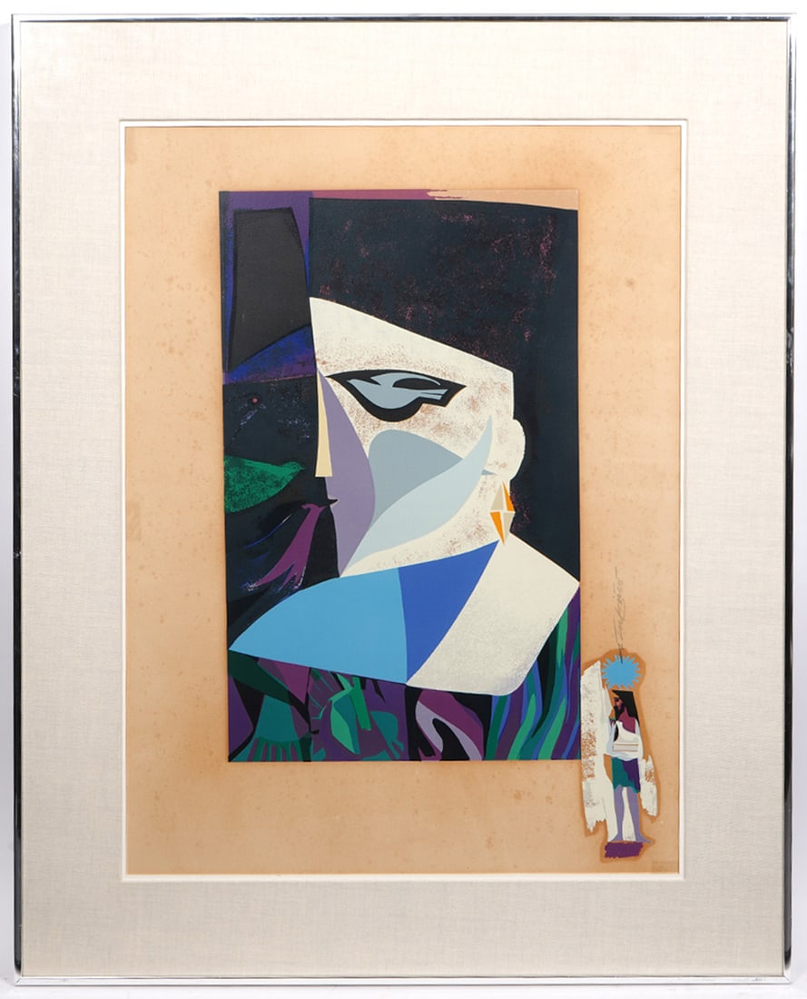 Rafael Tufino Serigraph of Cubist Woman In Profile: Rafael Tufino (Puerto Rico, 1922-2008) Cubist "Woman In Profile" serigraph, signed in pencil on right side and framed behind plexiglass. Measurements: Visual Image - 29"H x 21"W, Framed - 37"H x 29"W.