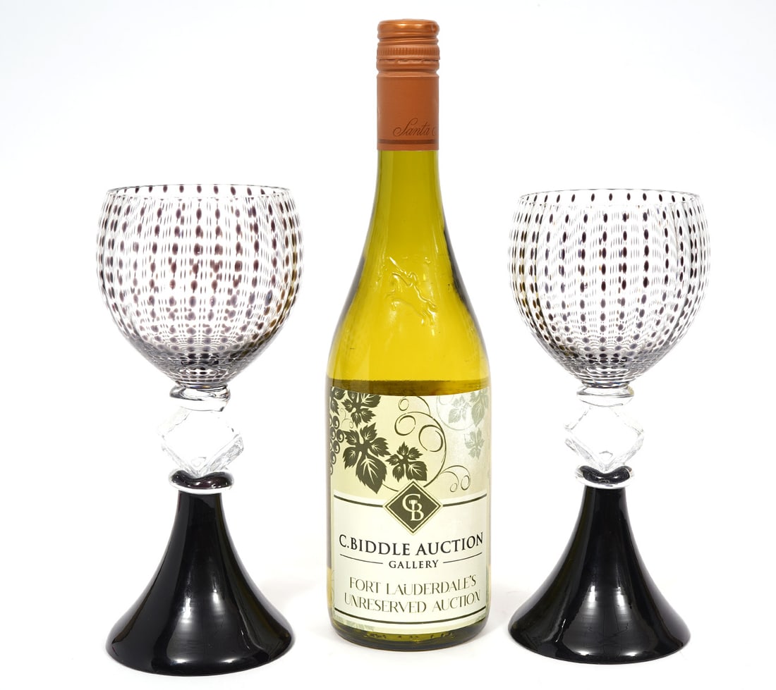 Chip Scarborough Art Glass Goblets: Chip Scarborough art glass goblets, signed underside and measures approx 8.75"H x 3.5"W. Condition report: Good condition, please examine all photos closely. Contact C. Biddle Auction Gallery for more