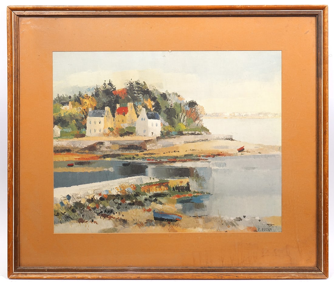Louis Rosan Print of French Coastal Scene: Louis Rosan, France (1926-2017) Print of a French coast, framed behind plexiglass. Measurements: Visual image - 15.5"H x 20"W, Frame - 23.5"H x 27.5"W. Condition report: Framing needs minor adjustment