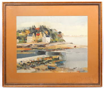 Louis Rosan Print of French Coastal Scene: Louis Rosan, France (1926-2017) Print of a French coast, framed behind plexiglass. Measurements: Visual image - 15.5"H x 20"W, Frame - 23.5"H x 27.5"W. Condition report: Framing needs minor adjustment