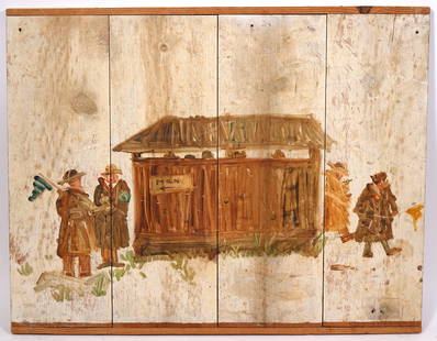 Outsider-Style Painting on Wood Panels: Outsider-style unsigned painting on wood panels depicting a men's outhouse. Measures 22"H x 28"W. Condition report: Good condition, please examine all photos closely. Contact C. Biddle Auction Gallery