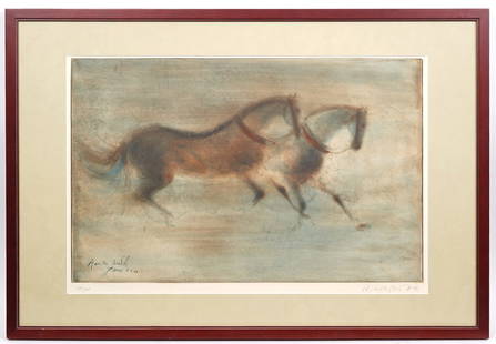 Kaiko Moti "Two Horses" Etching Signed Numbered: Kaiko Moti, (India, 1921-1989). "Two Horses" etching is signed, numbered 23/120 and framed behind plexiglass. Measures : Visual Image - 17"H x 25"W, Framed 24"H x 34.5"W. Condition report: Good condit