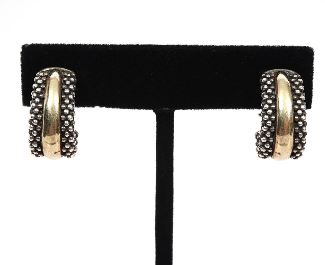 Lagos Caviar Sterling 18K Omega Pierced Earrings: Lagos Caviar sterling silver and 18K omega pierced earrings, hallmarked on inside. Weight - 14.0g. Condition report: Good condition, please examine all photos closely. Contact C. Biddle Auction Galler
