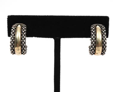 Lagos Caviar Sterling 18K Omega Pierced Earrings: Lagos Caviar sterling silver and 18K omega pierced earrings, hallmarked on inside. Weight - 14.0g. Condition report: Good condition, please examine all photos closely. Contact C. Biddle Auction Galler