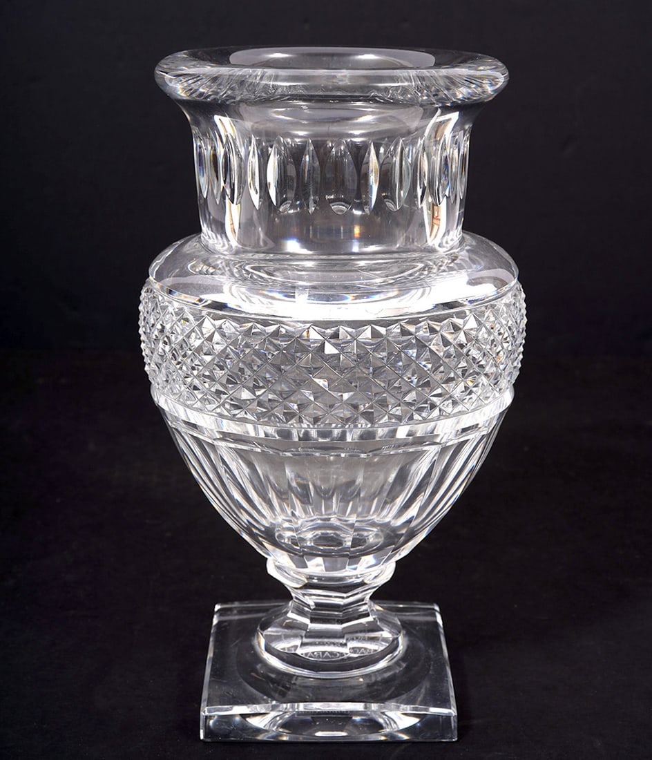 Baccarat Musee des Cristalleries Reproduction Vase: Crystal pedestal vase with square base has 'Baccarat Musee des Cristalleries Reproduction Vase' etched in white on underside. Measures 8.5"H; base 3.25" x 3.25" square. Condition report: good conditio