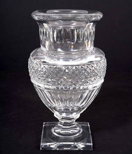 Baccarat Musee des Cristalleries Reproduction Vase: Crystal pedestal vase with square base has 'Baccarat Musee des Cristalleries Reproduction Vase' etched in white on underside. Measures 8.5"H; base 3.25" x 3.25" square. Condition report: good conditio