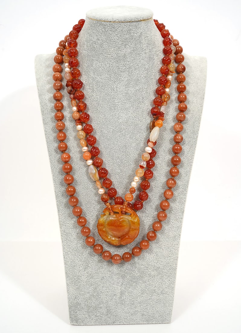 Three Carved Beaded Hardstone Necklaces (1 of 9)