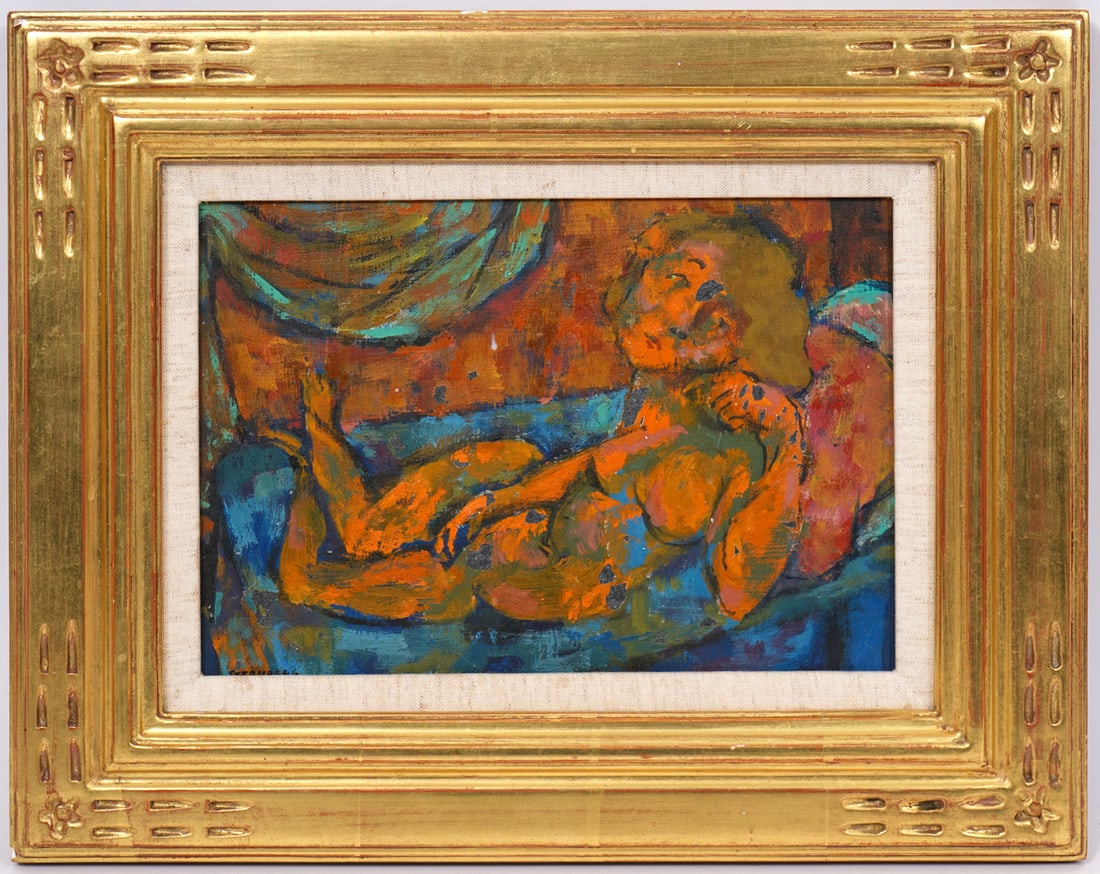 Harry Sternberg O/B Reclining Nude Painting: Harry Sternberg ( American, 1904-2001) Oil on board of a reclining nude, signed lower left. Measurements: Visual image - 7"H x 9"W, Framed - 12"H x 15"W. Condition report: Some paint loss and chips, p
