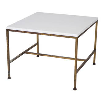 Paul McCobb Brass Milk Glass Occasional Table: Paul McCobb, Mid-Century Modern brass and milk glass top occasional table, part of the Irwin Collection. Measures 20"L x 20"W x 15.5"H. Condition report: Good condition, please see all photos. Contact