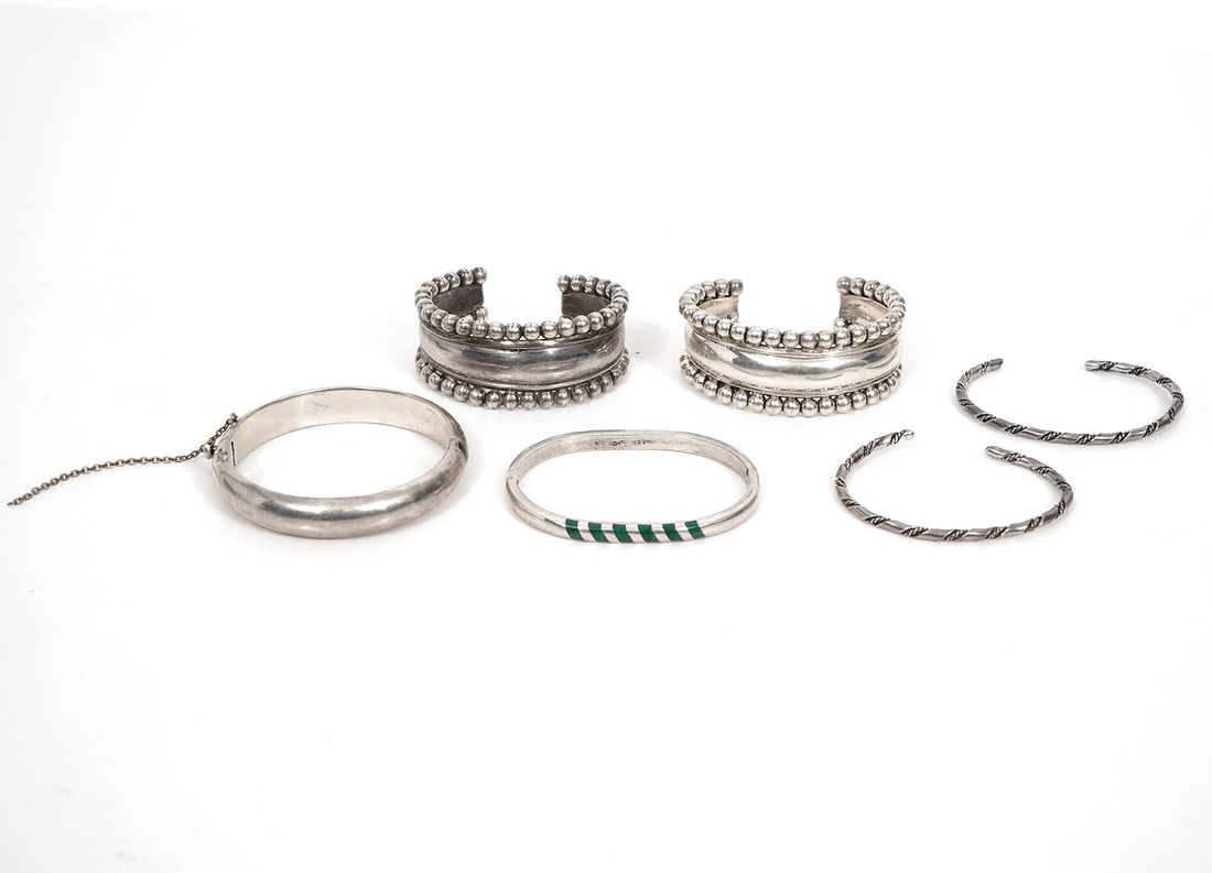 Group of 6 Mexican Silver Cuff & Bangle Bracelets (1 of 6)