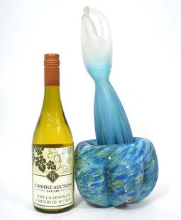 Aquatic-Theme Art Glass Sculpture: Blue and green aquatic-theme art glass sculpture, unsigned. Measures approx 7"H x 15"W. Condition report: Good condition, please see all photos. Contact C. Biddle Auction Gallery for more detailed inf