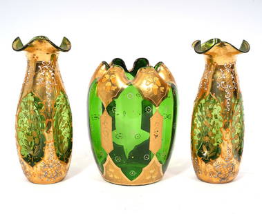 3Pcs Moser-Style Bohemian Enamel Overlay Glass: 3Pcs Moser-style bohemian enamel overlay glass vases. Features raised enameling over transparent green glass with ruffled rim. Pair of pinched body vases measures 8"H x 3.5"W. Acorn themed vase 7"H x