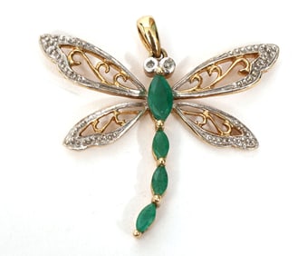 Emerald, Diamond and 10K Gold Dragonfly Pendant