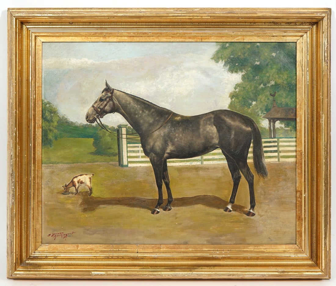 J. Duncan MacGregor Jr. Horse Painting: J. Duncan MacGregor Jr. (American, b. 1907) Oil on canvas portrait of a horse, signed lower right. Measurements: visual - 18"H x 22"W, framed - 23.5"H x 27.5"W. Condition report: Minor knicks to frame
