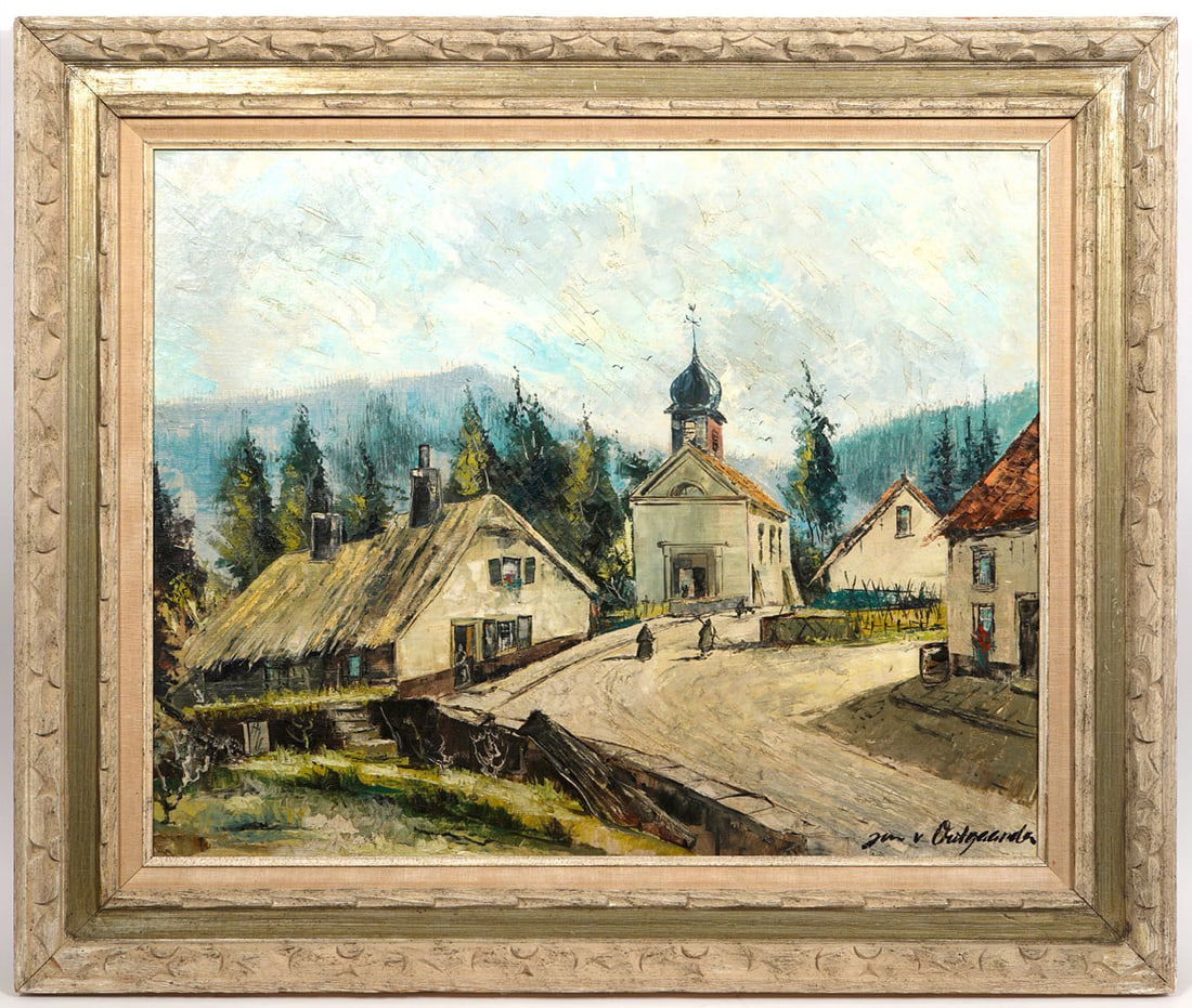 Belgian Village Scene Signed Oil on Canvas (1 of 7)