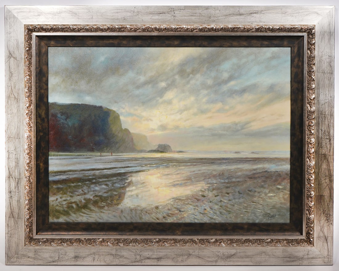 Tony Forrest 'Evening at Mawgan Porth' Painting: Tony Forrest, U.K. (Born 1961). Oil on canvas mounted in a brushed gilt wood frame and signed lower right. This is a painting of the beach and cliffs at Mawgan Porth on the north coast of Cornwall, En