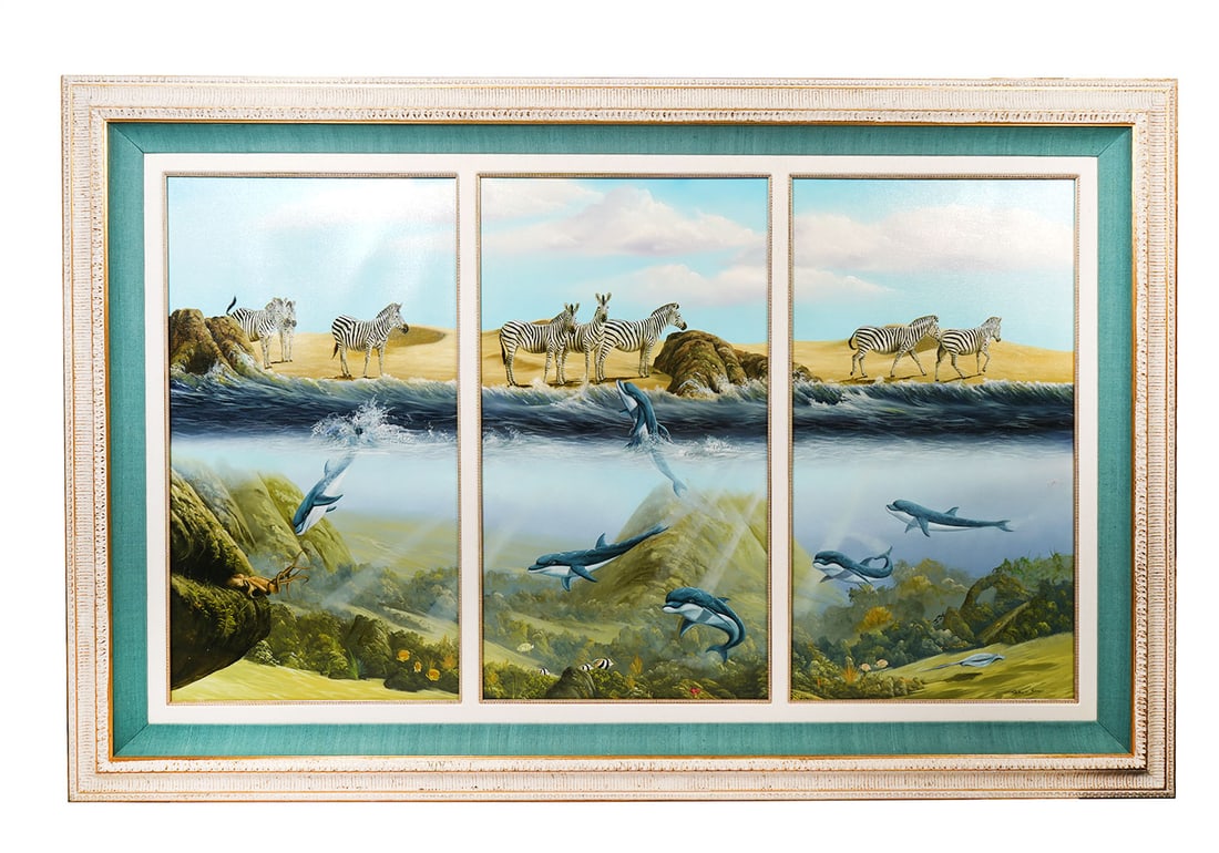 Andrew Bone Wildlife, Sealife, Landscape Triptych: Andrew Bone, South Africa (Born 1957). Known for painting wildlife and landscapes of his native South Africa, this oil on canvas triptych features an assortment of wildlife and sealife. It is mounted