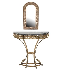 Oscar Bach Style Marble Table & Bronze Mirror