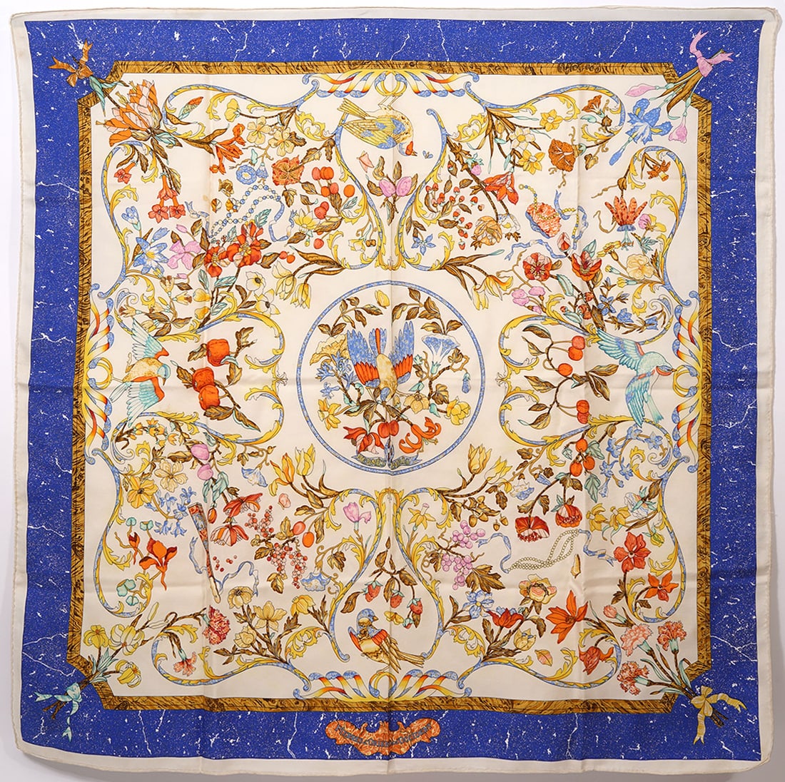 Hermes "Pierres d'Orient et d'Occident" Silk Scarf: Hermes Paris "Pierres d'Orient et d'Occident" silk scarf designed by Zoe Pauwels has bird and flower motif and measures approx. 35" x 35" (90cm x 90cm). Condition report: Good condition, please examin