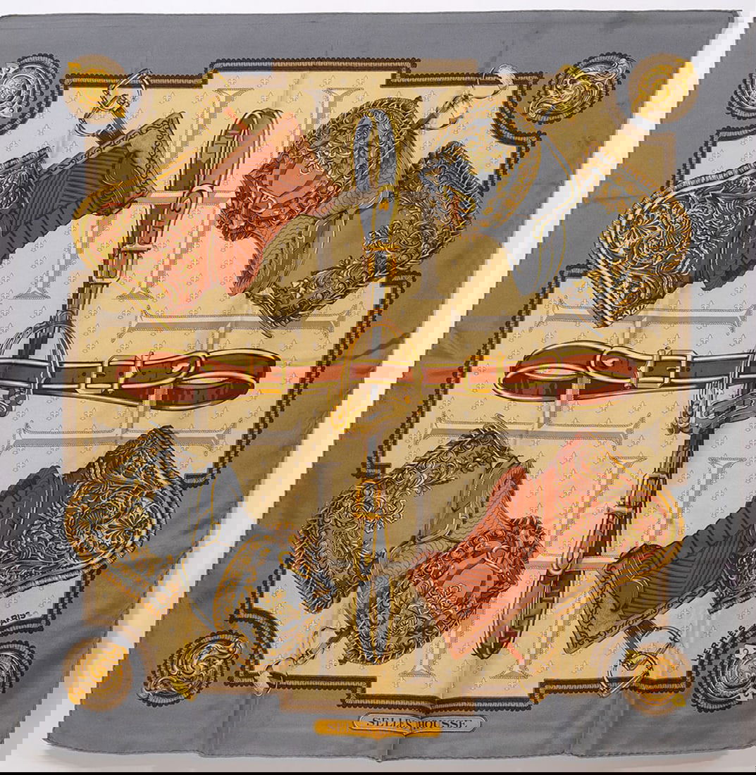 Hermes Paris "Selles a Housse" Silk Scarf: Hermes Paris "Selles a Housse" silk scarf designed by Christiane Vauzelles has ornamental saddles and belts theme and measures approx. 35" x 35" (90cm x 90cm). Condition report: Good condition, please
