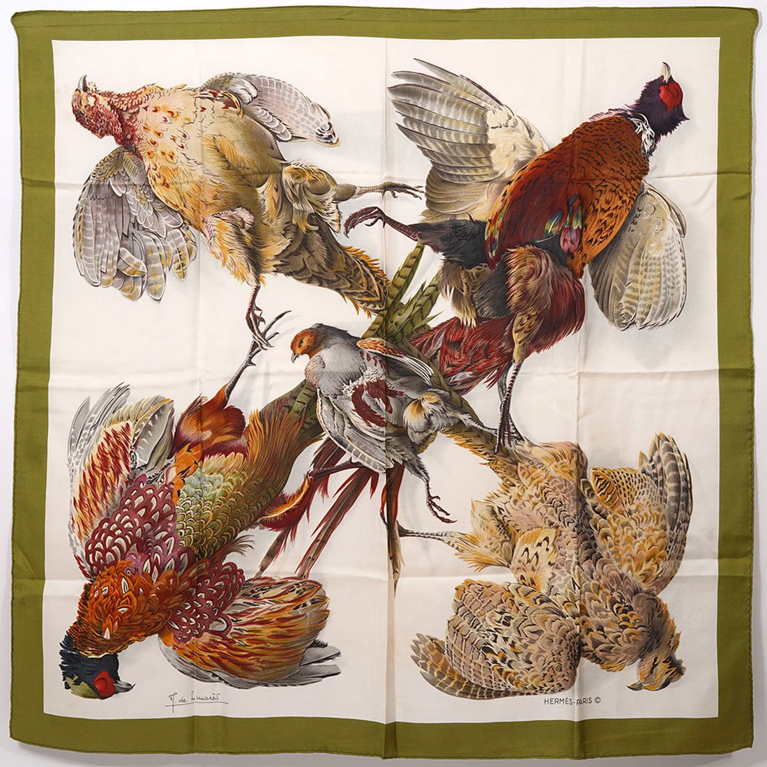 Hermes Paris "Belle Chasse" Silk Scarf: Hermes Paris "Belle Chasse" silk scarf designed by Henri de Linares has a pheasant game bird theme and measures approx. 35" x 35" (90cm x 90cm). Condition report: Good condition, please examine all ph