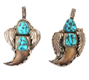 Two Native American Silver Turquoise Claw Pendants