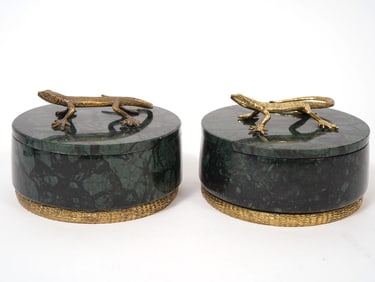 Two Michael Aram Stone Bronze Lizard Trinket Boxes
