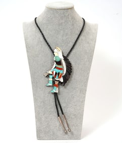 Large Eddie Beyuka Zuni Dancer Silver Bolo Tie