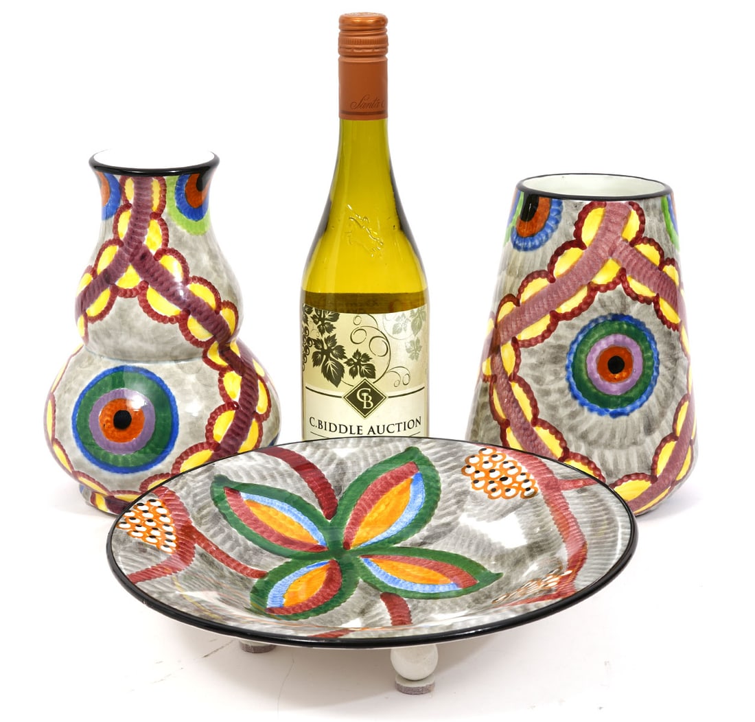 Schramberger Zeisel German Majolica 3Pcs: Schramberger by Eva Zeisel, German Majolica pottery includes: Two "Gobelin" vases (8" x 5.25"W and 8.75"H x 5.5"W), one "Black Forest" footed bowl (2.25"H x 10.5"W). Each piece is stamped underside. C