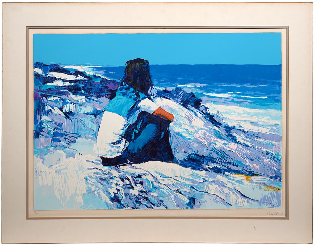 Nicola Simbari 'White Beach' Lithograph: Nicola Simbari, Italian (1927-2012). Oil on paper unframed titled 'White Beach' signed bottom right and numbered bottom left 30/200. Stamped on verso '1980 Nicola Simbari 039601022578'. Unframed. Meas