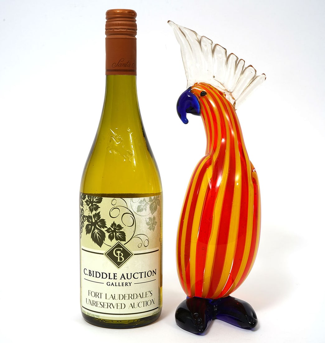 Murano Style Striped Art Glass Cockatoo Figurine: Murano style striped art glass figure of a colorful cockatoo with a clear crest on top of its head and black feet and beak. Measures 11.5"H x 5"L x 3.75"W. Condition report: good condition, please see