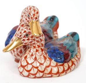 Two Herend Red Fishnet Duck Figures