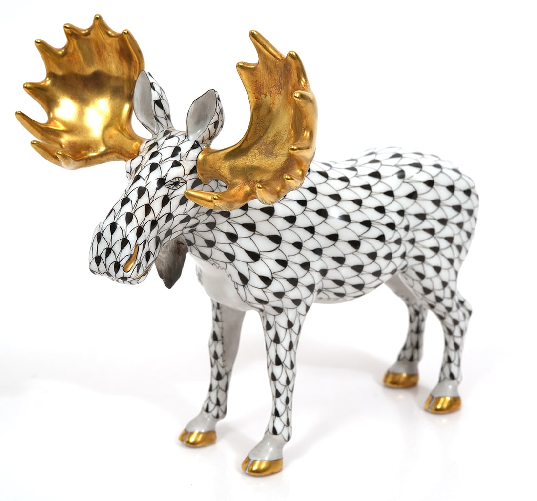 Herend Porcelain Blue Fishnet Hand Painted Moose (1 of 5)