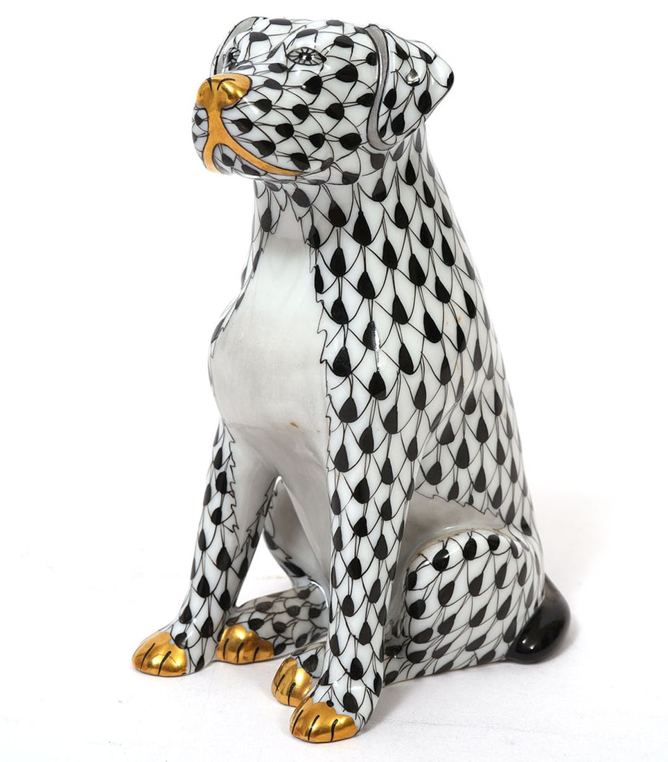 Herend Black Fishnet "Seated Dog" Porcelain Figure (1 of 5)