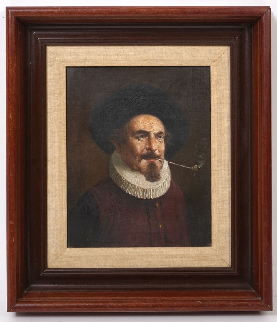 Gentleman with Pipe Oil on Canvas Painting: Gentleman with pipe, unsigned oil on canvas painting. Measures: Visual image: 10.25"H x 8.25"W, Framed 16"H x 14"W. Condition report: Some craquelure to surface, please see all photos. Contact C. Bidd