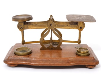 Brass & Wood Postal Scale with 3 Weights