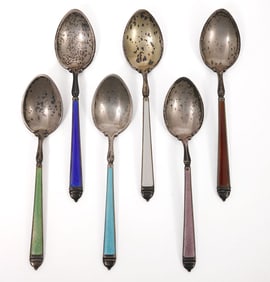 Six Enamel on Silver Demitasse Spoons