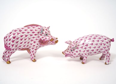 Herend Pink Fishnet Porcelain Warthog & Pig