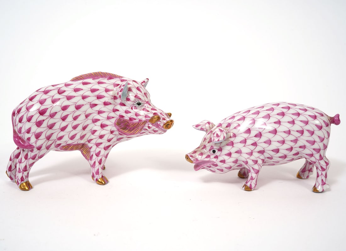 Herend Pink Fishnet Porcelain Warthog & Pig (1 of 4)