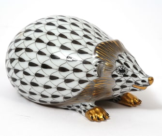 Herend Porcelain Black Fishnet Hedgehog Figurine