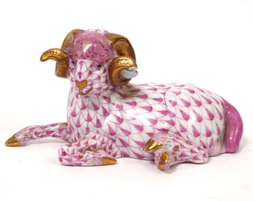 Herend Pink Fishnet Ram Porcelain Figure